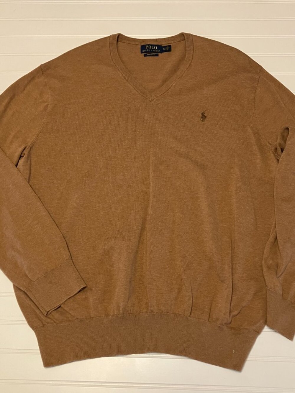 Polo Ralph Lauren Sweater Mens XL Tan Camel Pima Cotton V-Neck Tonal Pony - Picture 2 of 6
